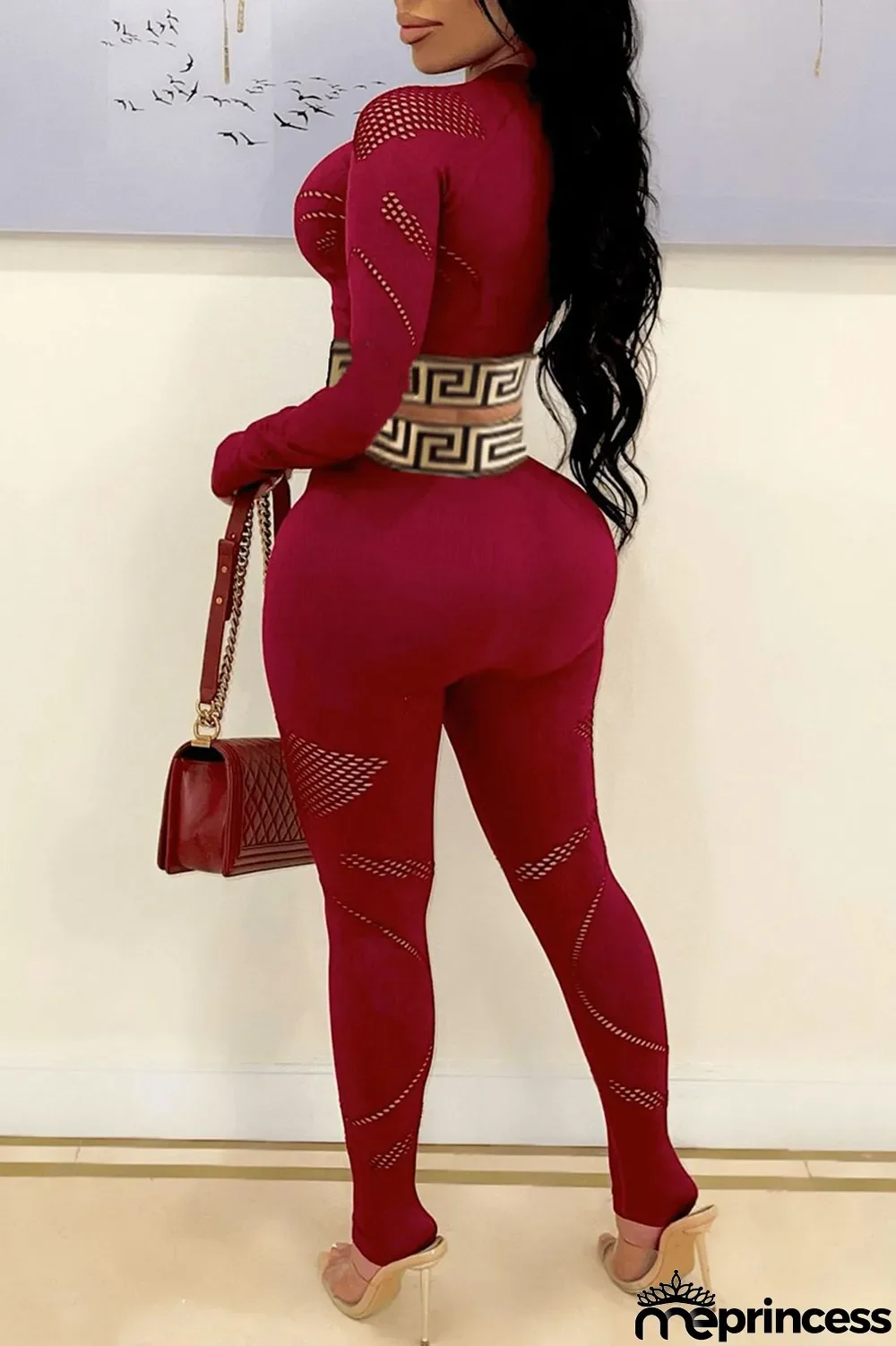 Burgundy Casual Print Split Joint O Neck Long Sleeve Two Pieces