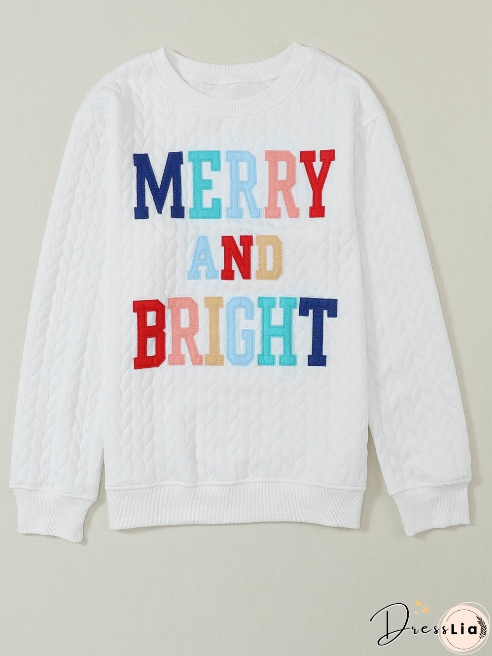 Cozy White Cable Knit Pullover with Merry and Bright Slogan