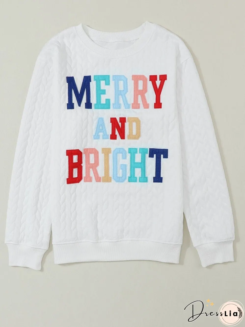 Cozy White Cable Knit Pullover with Merry and Bright Slogan