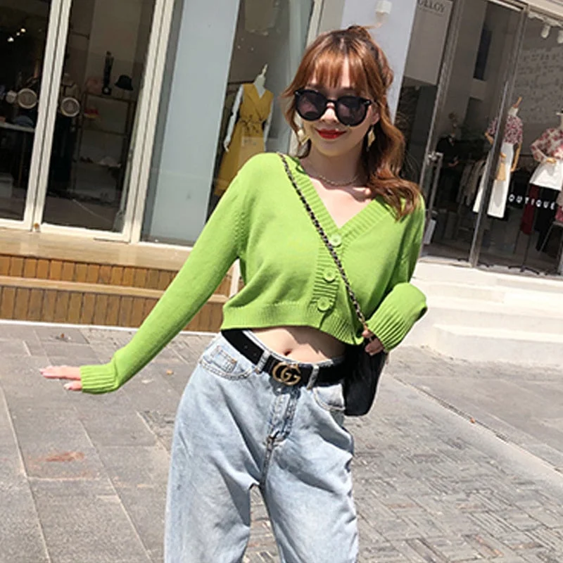 Fall Women Clothing Korean Style V-neck Knitted Top Sweater Long-sleeved Solid Color Short Cardigan Women Cute Sweater 16605