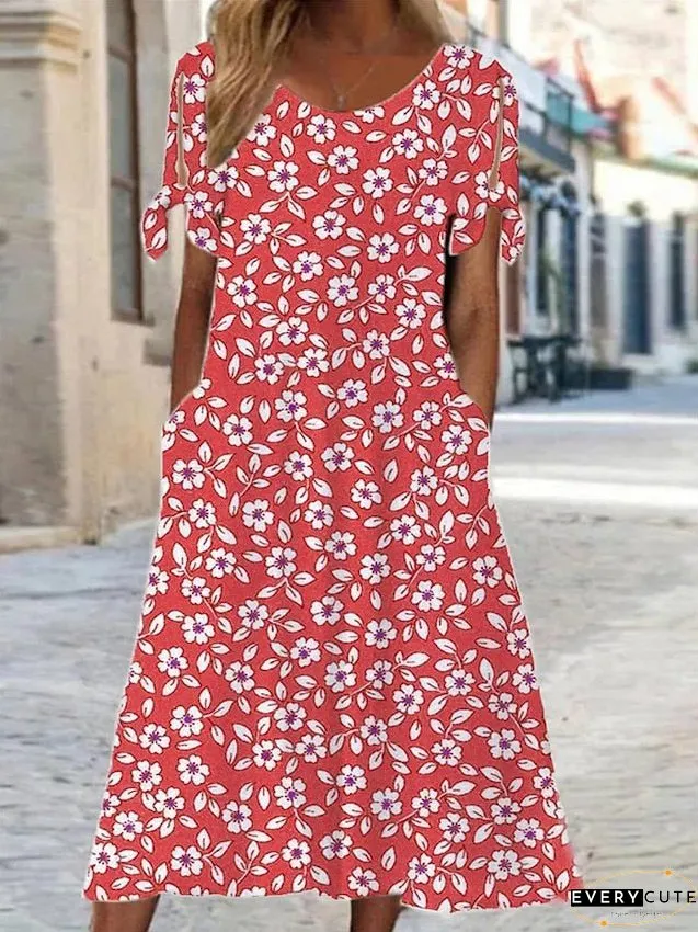 Casual Dress Floral Summer Ditsy Pocket Cold Shoulder Neck Midi Fashion Streetwear Outdoor