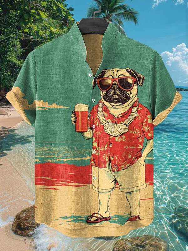 Men's French Bulldog Holding Beer International Dog Day Art Print Casual Shirt