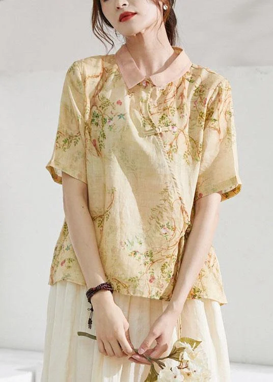 Classy Apricot Patchwork Print Button Summer Ramie Blouse Half Sleeve