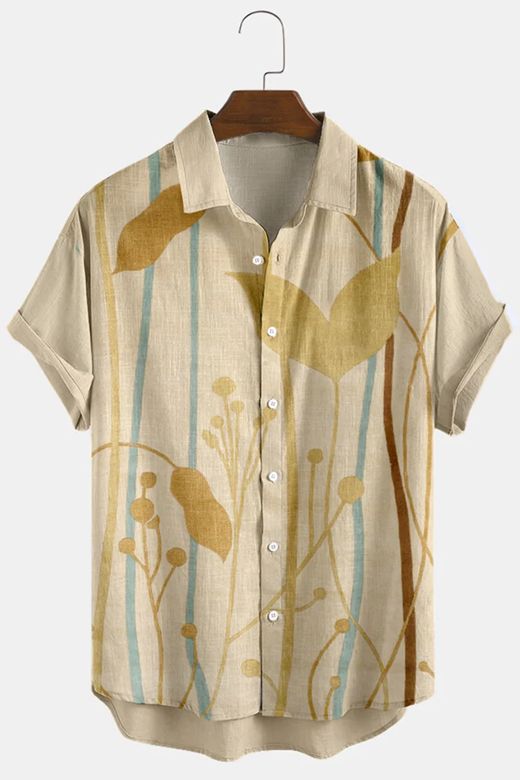 Simple Flowers Print Khaki Short Sleeve Shirt