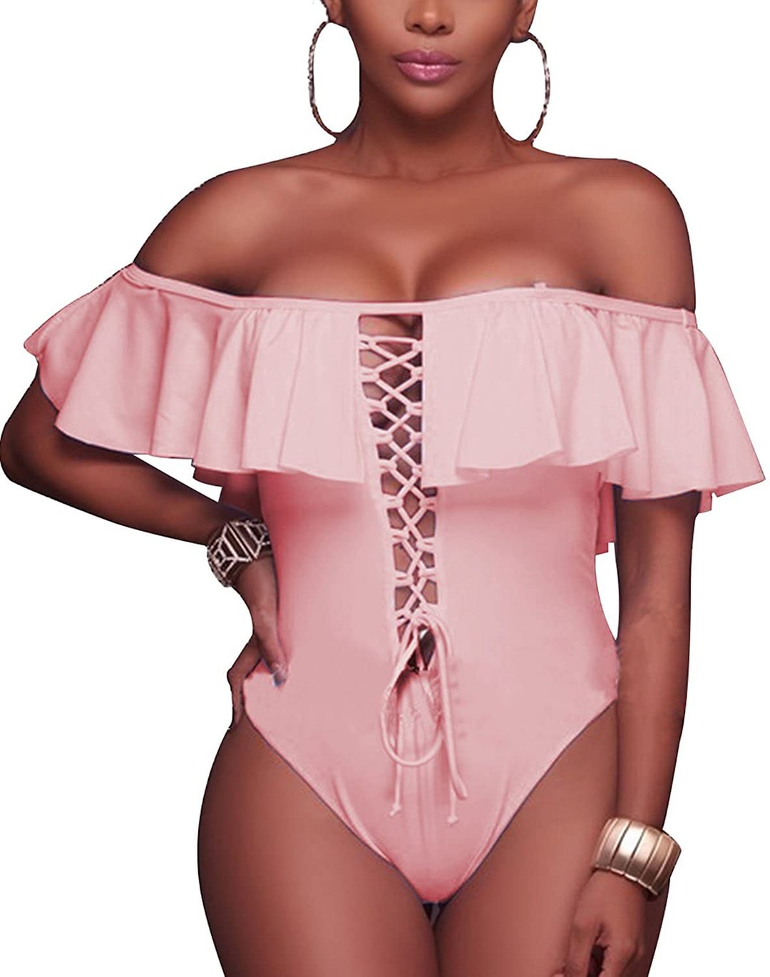 Lace Up Ruffled Off Shoulder Flounce Swimsuits Women's Sexy One Piece Bathing Suit