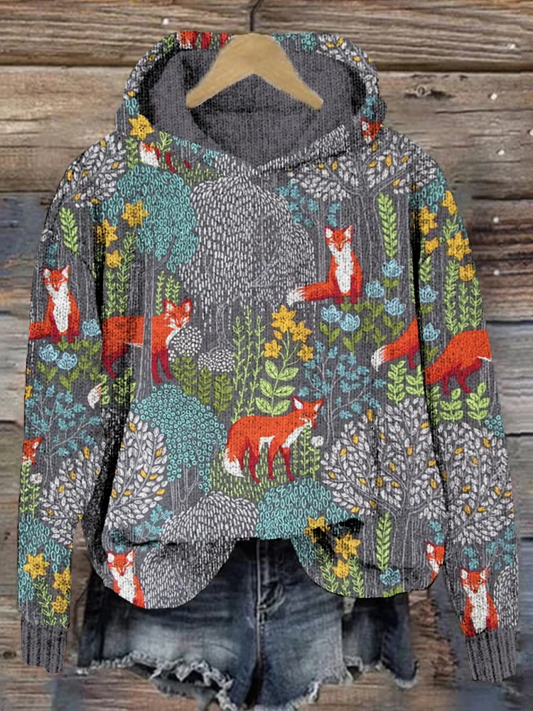 Comstylish Fox in the Forest Graphic Vintage Cozy Knit Hoodie