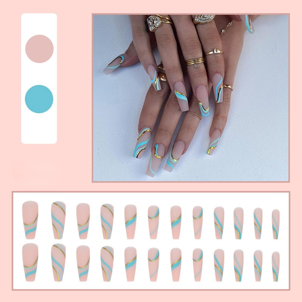 24Pcs Golden Line Manicure Fake Nails Long Ballerina Wearable Coffin False Nails Full Cover Acrylic Nail Tips Press On Nails
