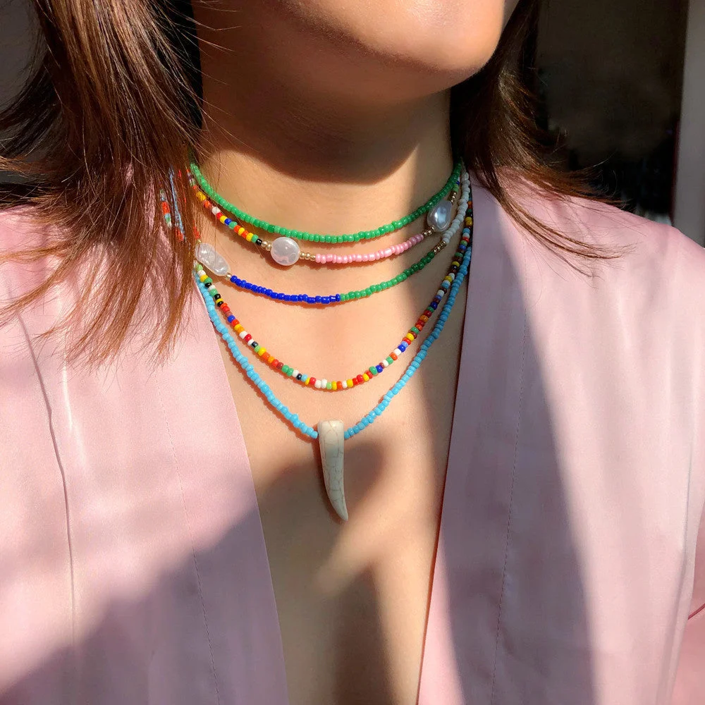 Women's Bohemia Style Elephant Horn Pendant Colorful Rice Beads Multi-layer Necklace