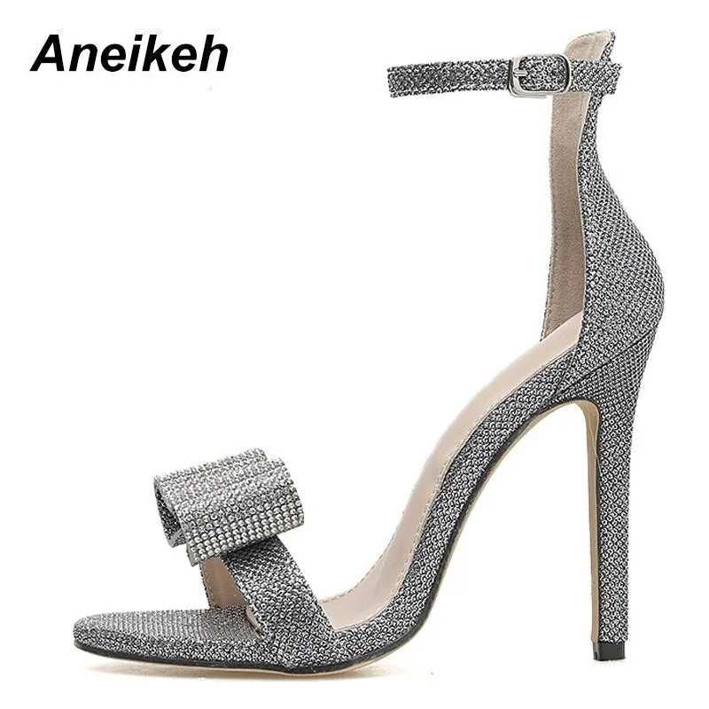 Aneikeh 2021 Summer Rhinestone Sandals Silvery Butterfly-knot Women Fashion High Heels Ankle Buckles Ladies Sandals Party Shoes