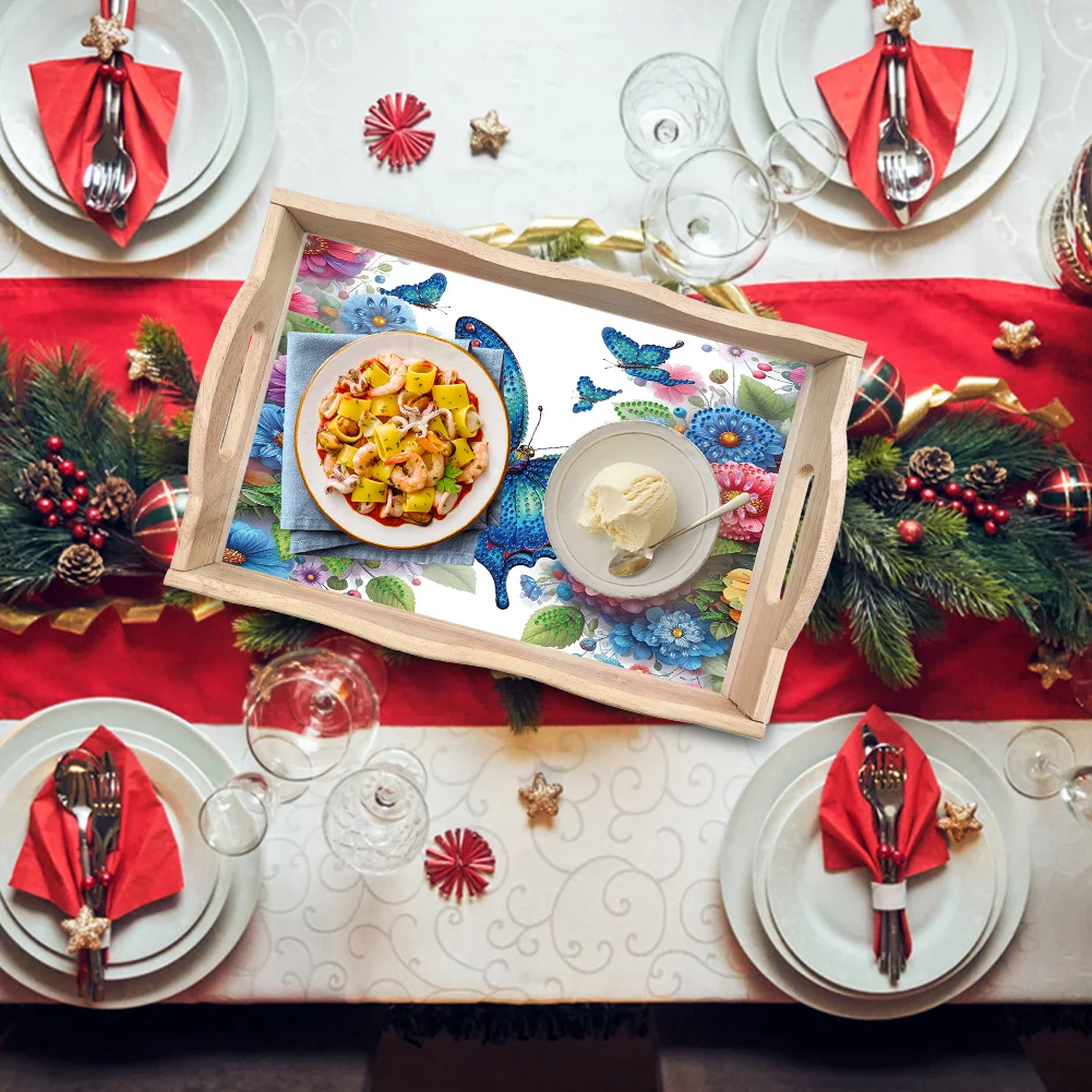 5D DIY Wooden Flower Butterfly Diamond Painting Serving Tray for Home Decor