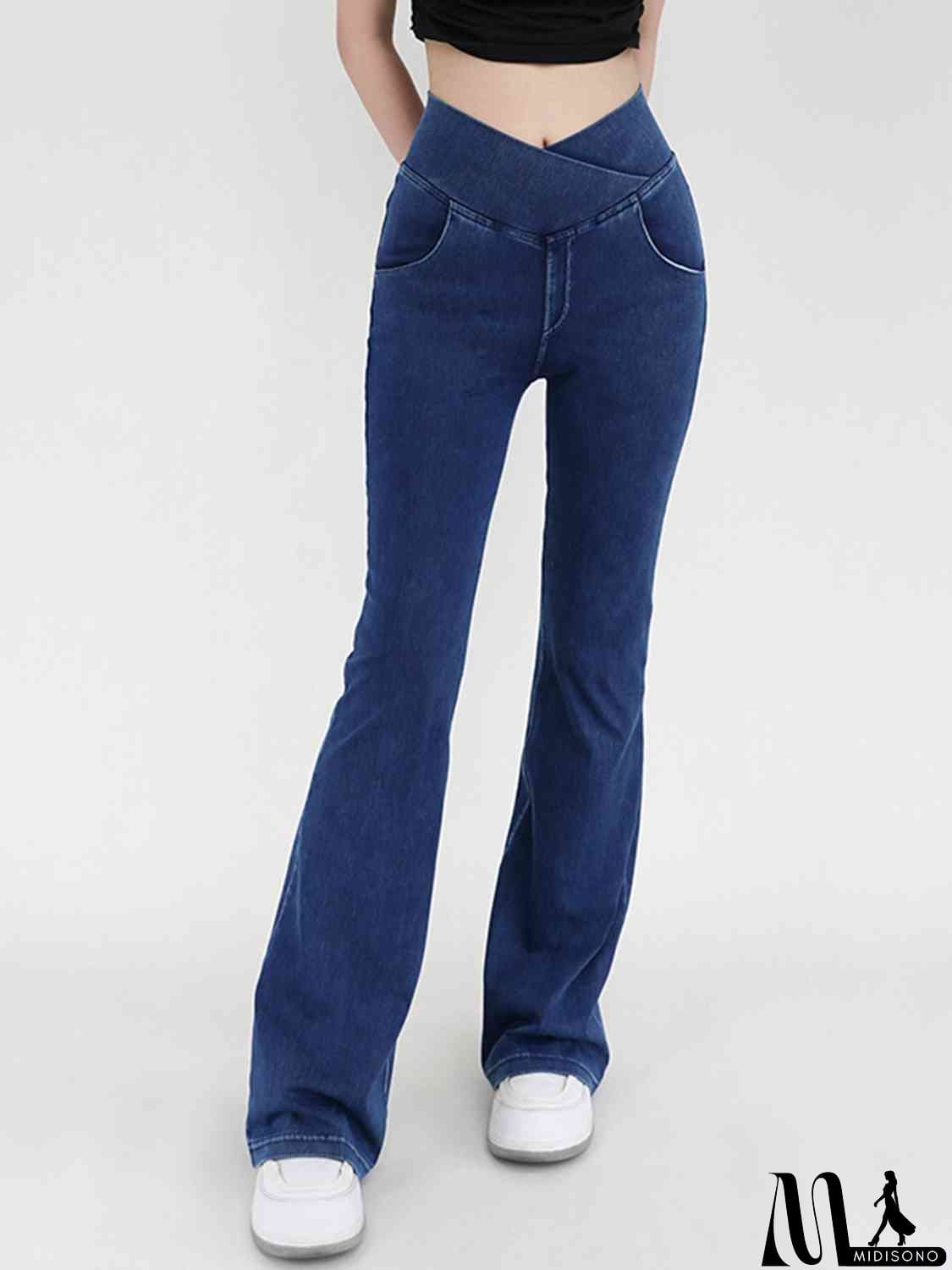 MidiSono - Wide Waistband Bootcut Jeans with Pockets