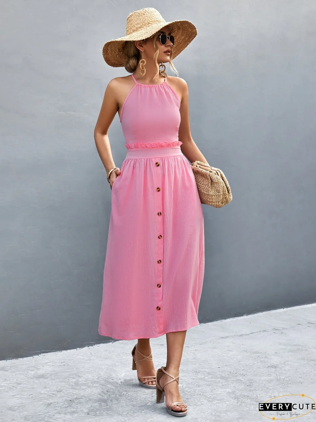 Buttoned Halter Neck Frill Trim Midi Dress