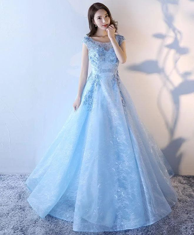 Light Blue Lace Tulle Long Prom Dress, Lace Evening Dress