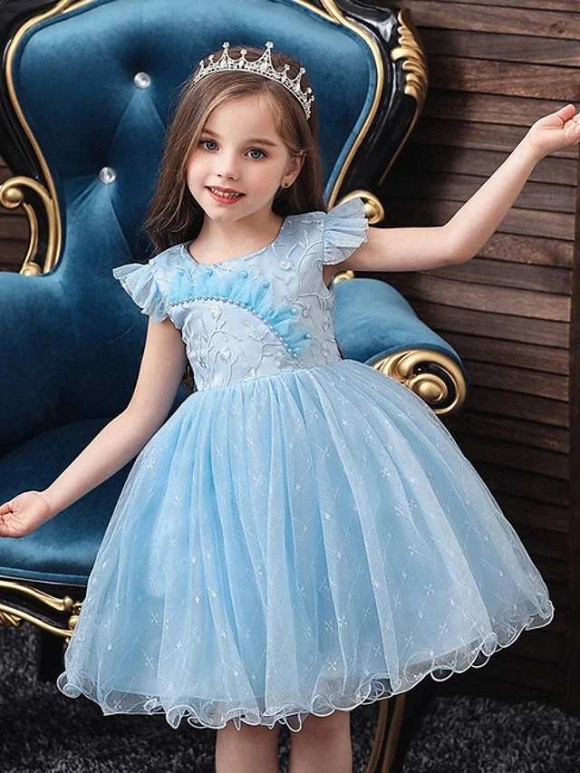 Daisda Ball Gown Cap Sleeve Jewel Neck Flower Girl Dresses Tulle  With Bow Embroidery