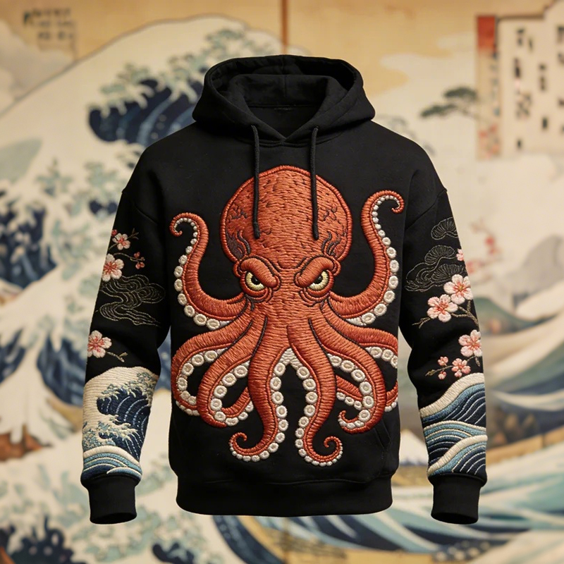 Men's Octopus And Ocean Waves Cherry Blossoms Japanese Art Print Hoodie  artssus