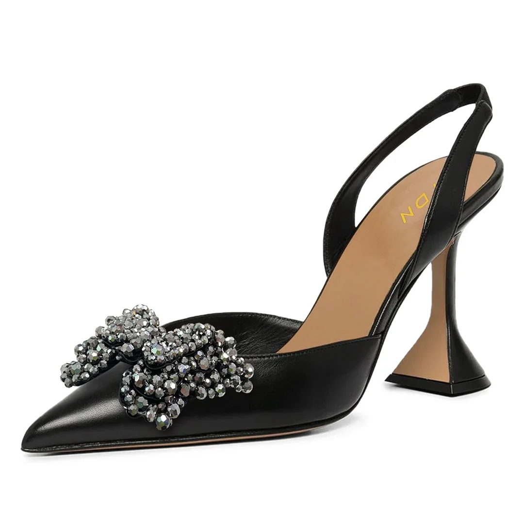 Rhinestone Butterfly Ponited Toe Slip On Women‘s Black Heels