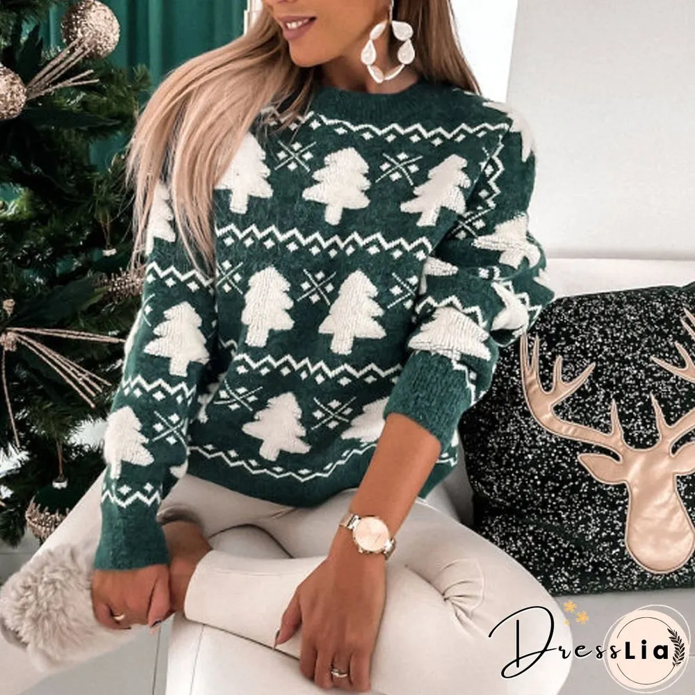 Autumn Fashion Christmas Tree Print Sweater Women Casual Long Sleeve Neck Pullover Ladies