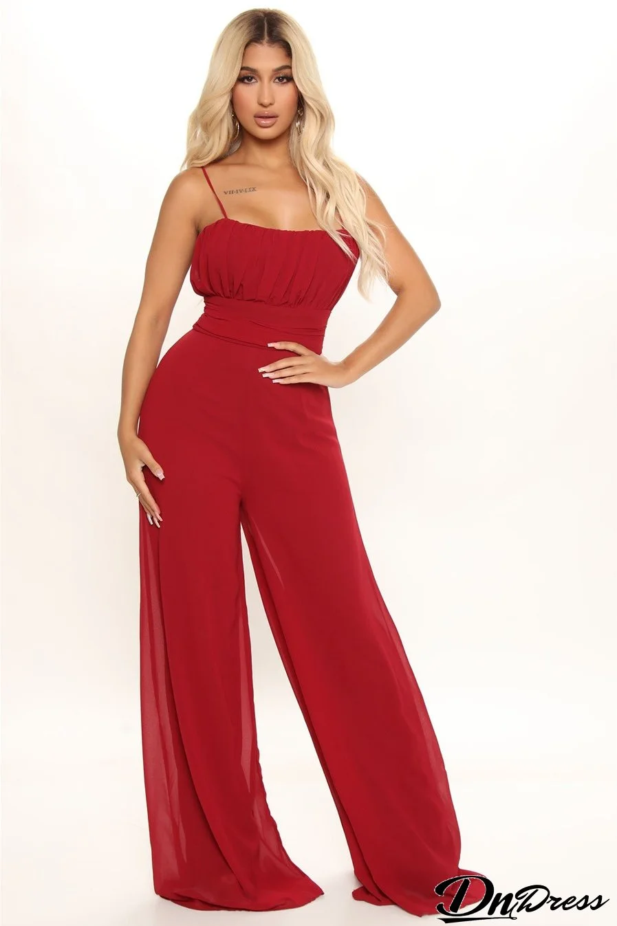 Summer Solid Color Chiffon Straps Slim Waist Wide Leg Women's Jumpsuit