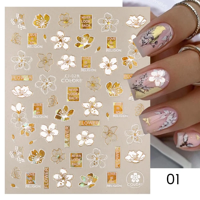 1PC 3D Nail Stickers White Gold Leaf Abstract Line Pattern Self-Adhesive Slider Nail Art Decorations Leaf Love Heart Nail Decals