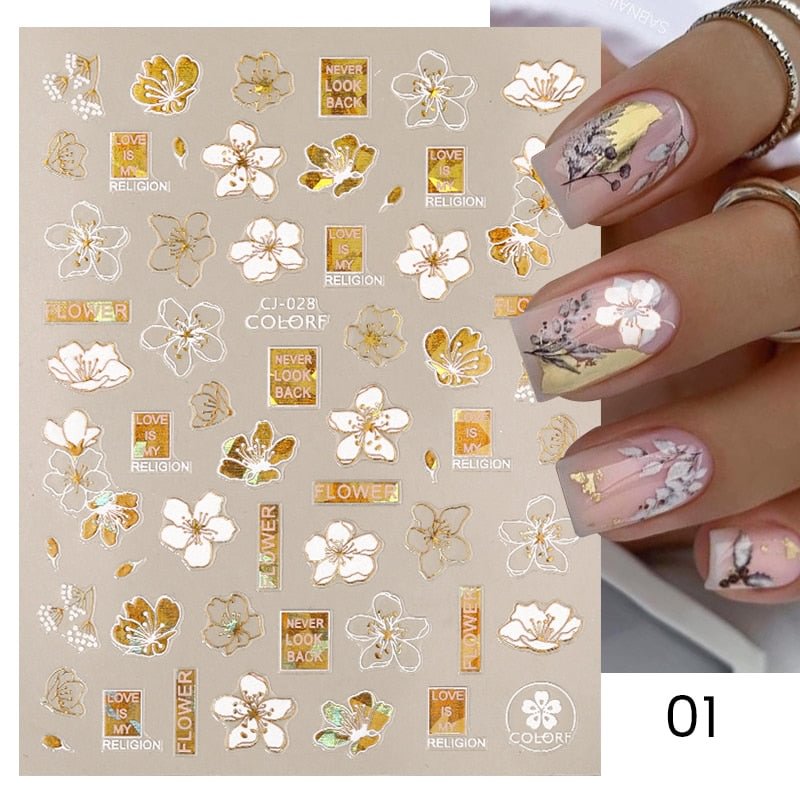 1PC 3D Nail Stickers White Gold Leaf Abstract Line Pattern Self-Adhesive Slider Nail Art Decorations Leaf Love Heart Nail Decals