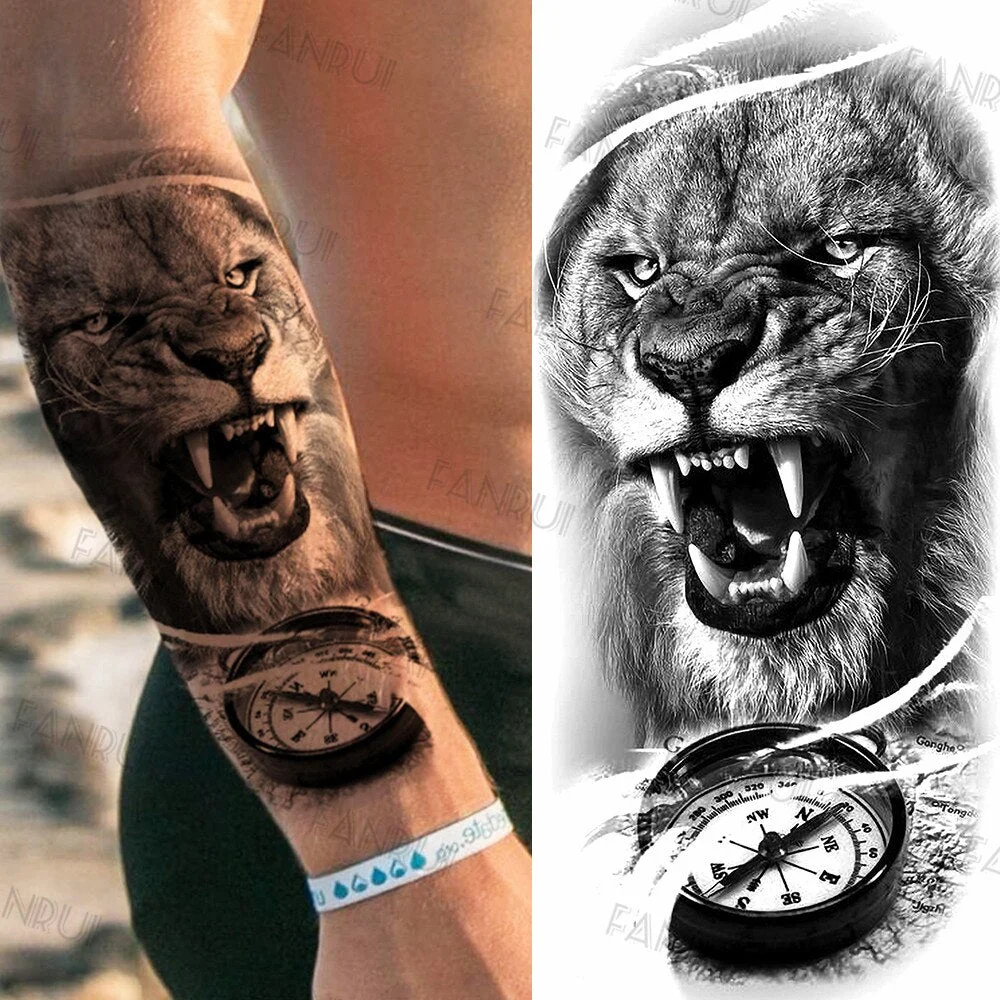 Black Gun Tattoos Sticker For Men Women Arm Art Temporary Tattoos Realistic Fake Flower Lion Tiger Tatoos Decal Cool Warrior DIY