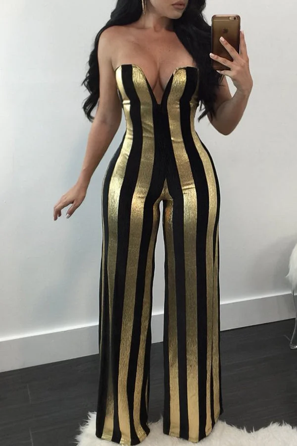 Sexy Dew Shoulder Striped Black-gold Polyester One-piece Jumpsuits