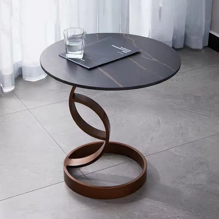 Homemys Modern Stone End Table Round Side Table Carbon Steel Base