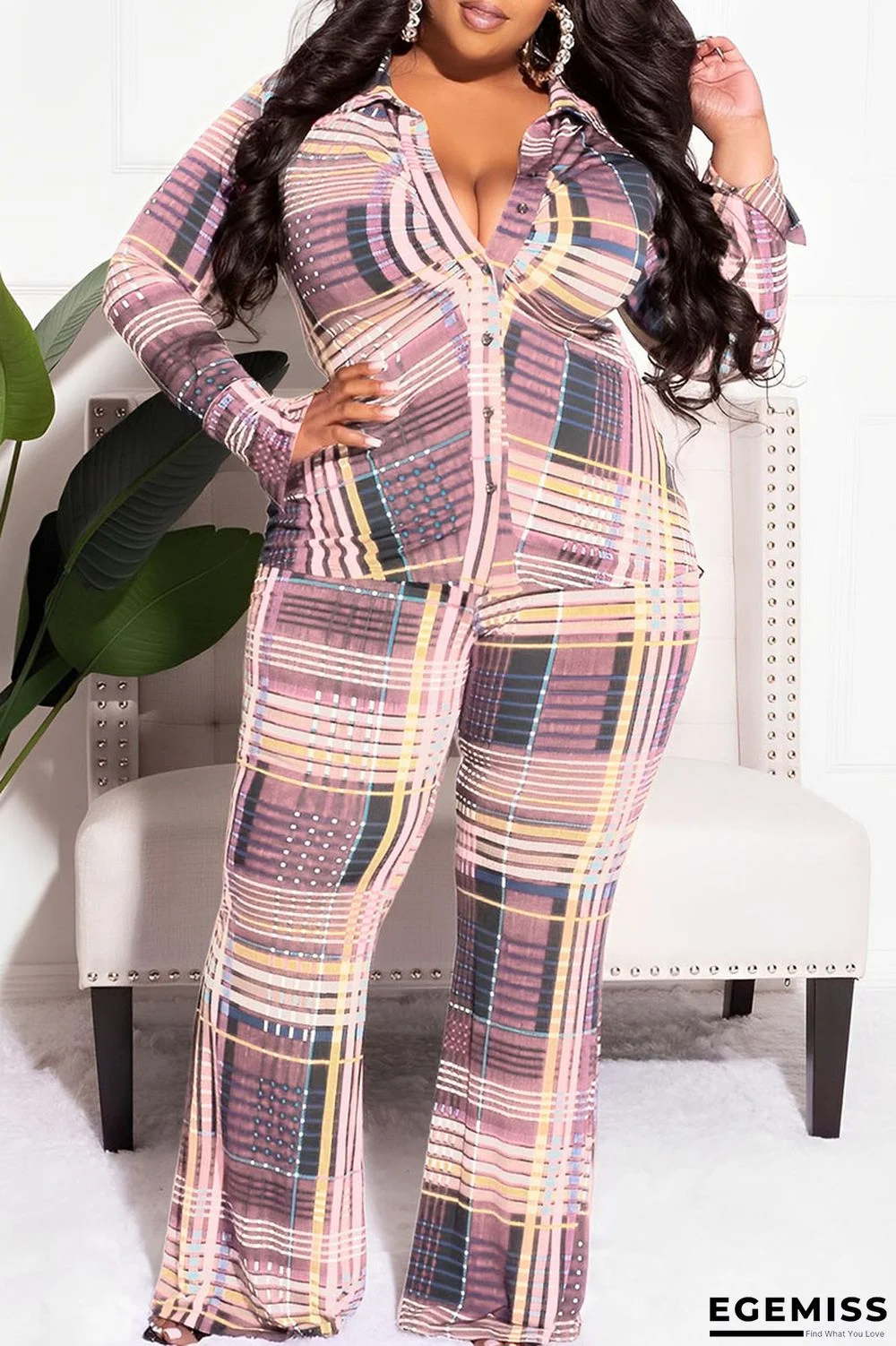 Pink Casual Plaid Print Patchwork Buckle Turndown Collar Plus Size Two Pieces | EGEMISS