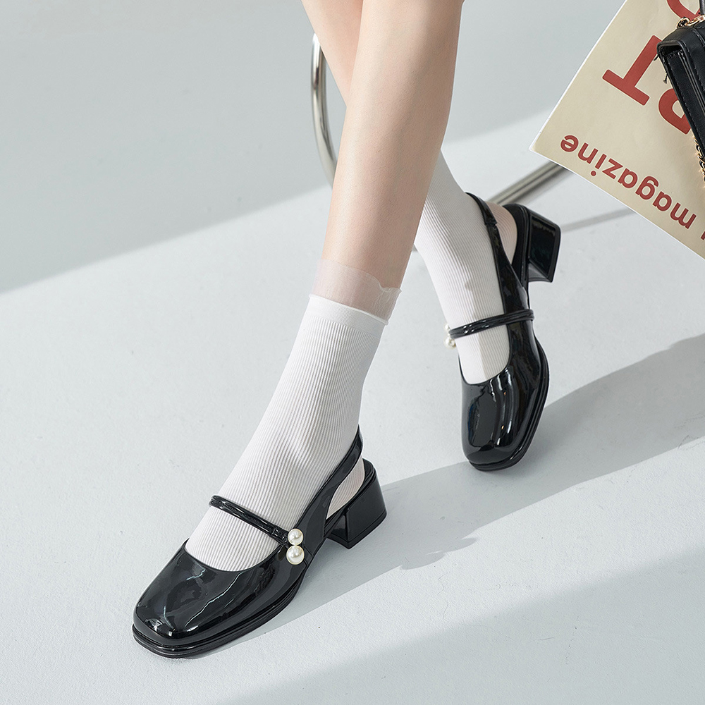 Black Patent Leather Square Toe Chunky Heel Slingback Loafers Nicepairs