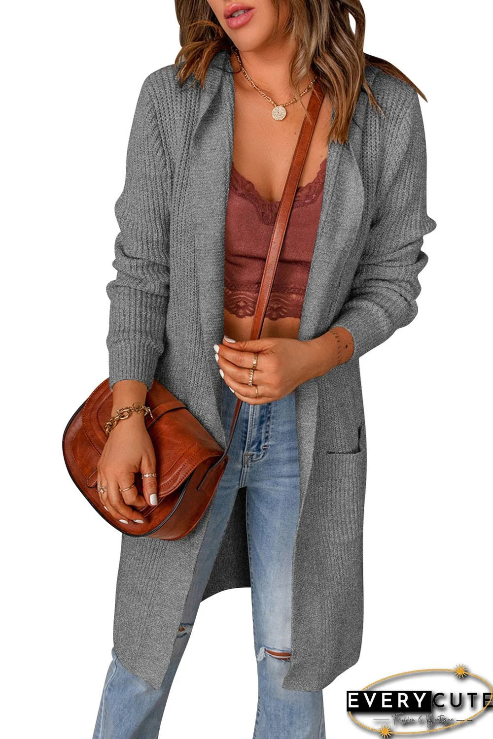 Gray Hooded Pockets Open Front Knitted Cardigan