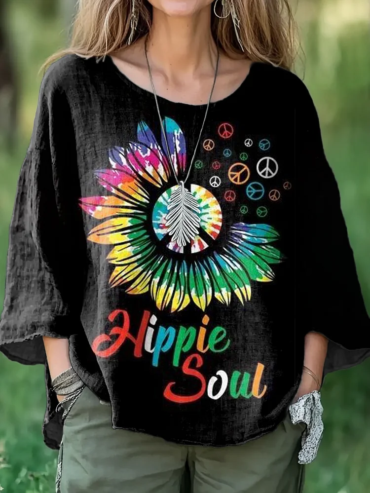 Women's Sunflower Hippie Graphic Art Print Casual Cotton and Linen Shirt