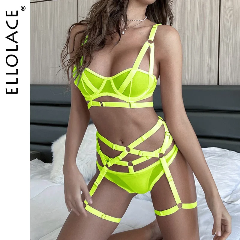 Ellolace Sensual Lingerie Bandage Transparent Erotic Underwear 3 Piece Bilizna Set Underwire Bra Garters Briefs Sexy Intimate