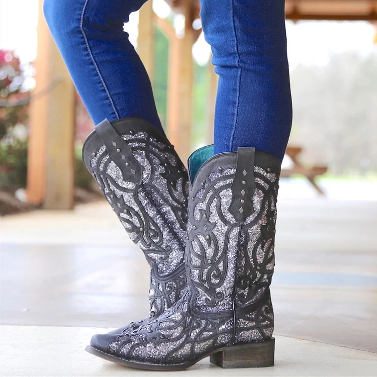 Women Hollow Carved Glitter Inlay Crystals Boots