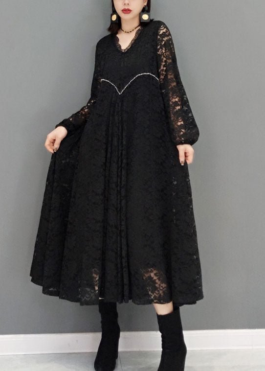 Plus Size Black V Neck Hollow Out Lace Dresses Spring CK2990- Fabulory