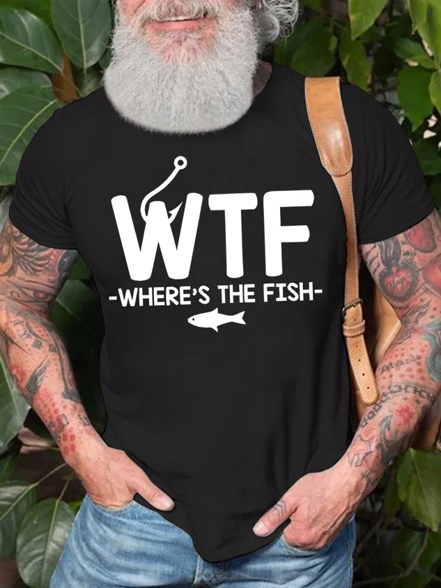 Men's WTF Where's The Fish Funny Graphic Printing Cotton Crew Neck Loose Casual T-Shirt socialshop