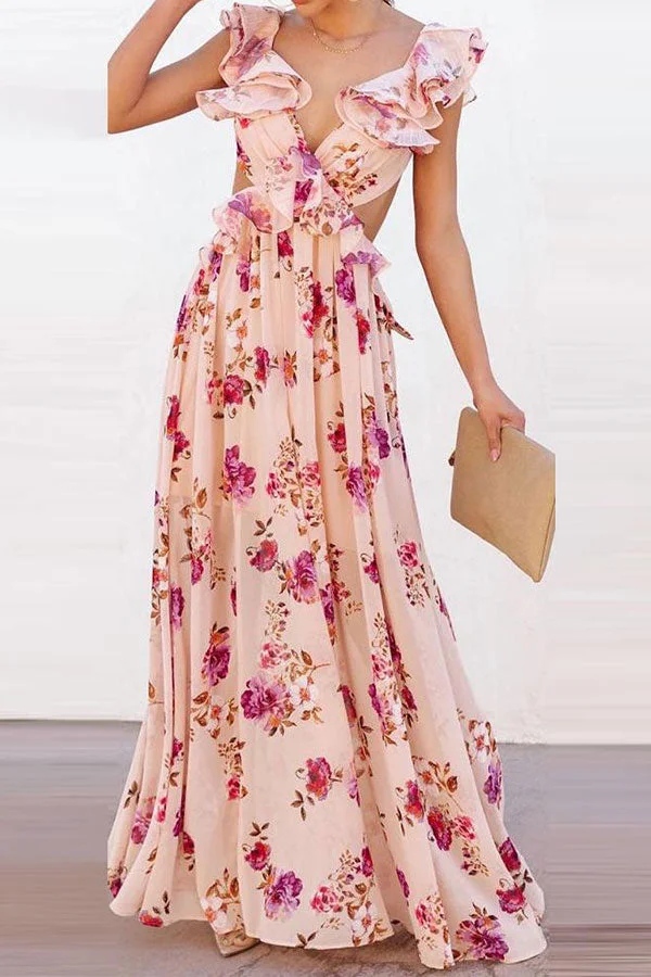 Floral Print Elegant Ruffle Tie Back Maxi Dress