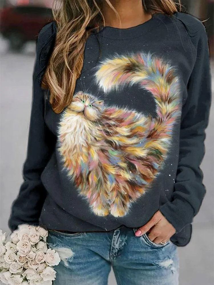 Lovely Furry Cat Print Sweatshirt