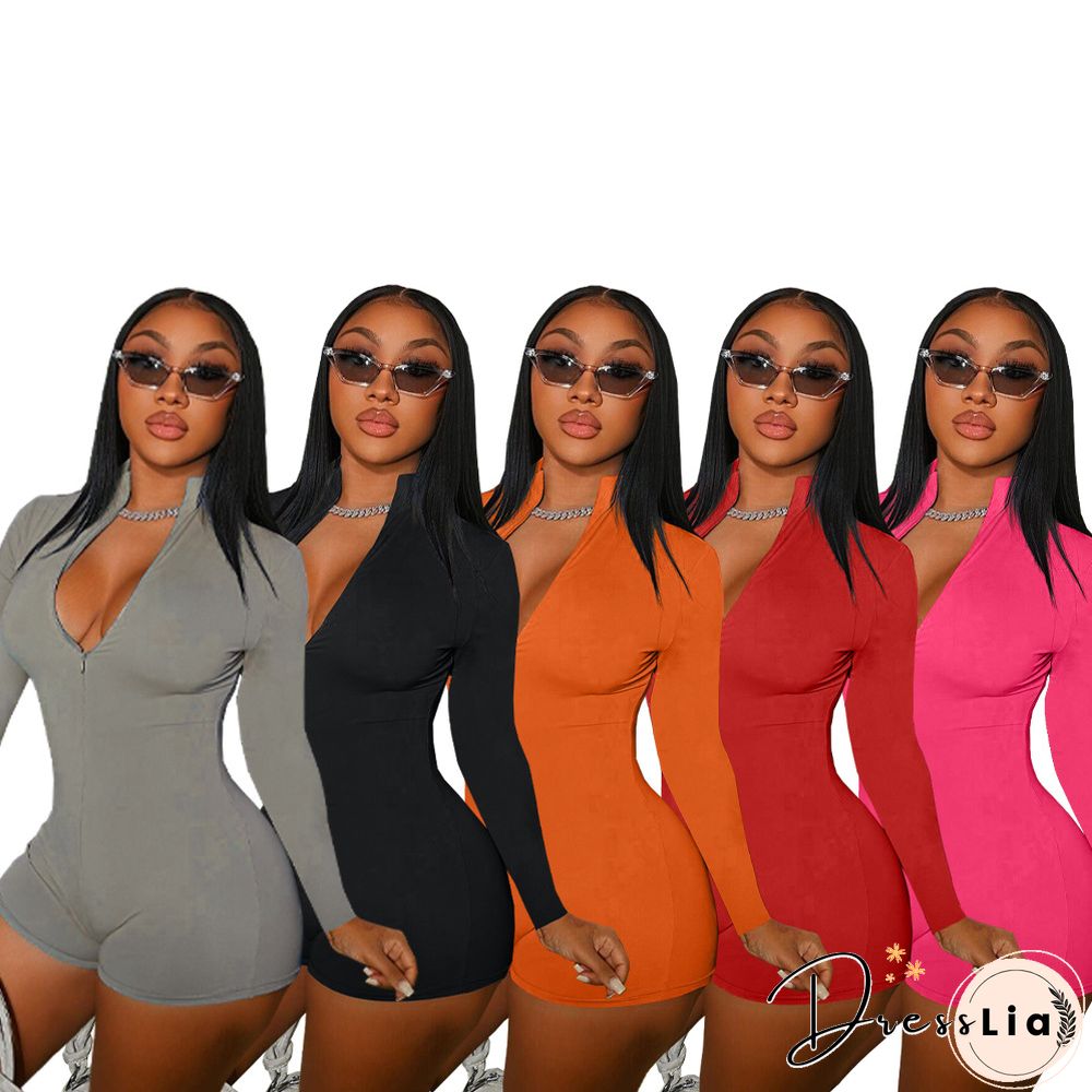 Solid Zipper Front Long Sleeve Bodycon Romper