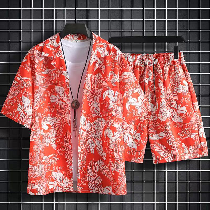 Wlmerlist New Summer Fashion Beach 2PCS Suits Mens Print Short Sleeve Shirt Tops And Shorts Two Piece Set Couple Hawaiian Holiday Outfits