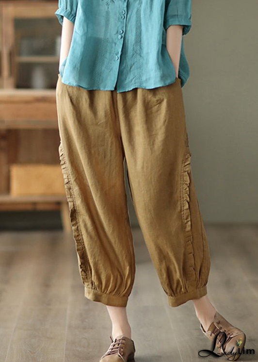 Brown Ruffled Elastic Waist Cozy Crop Pants