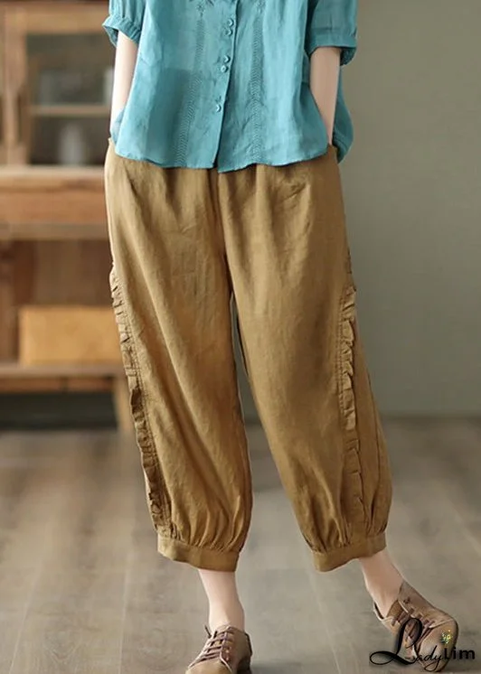 Brown Ruffled Elastic Waist Cozy Crop Pants