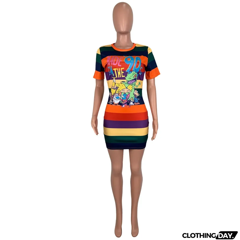 Colorful Stripe Cartoon Short Sleeve Mini Dress