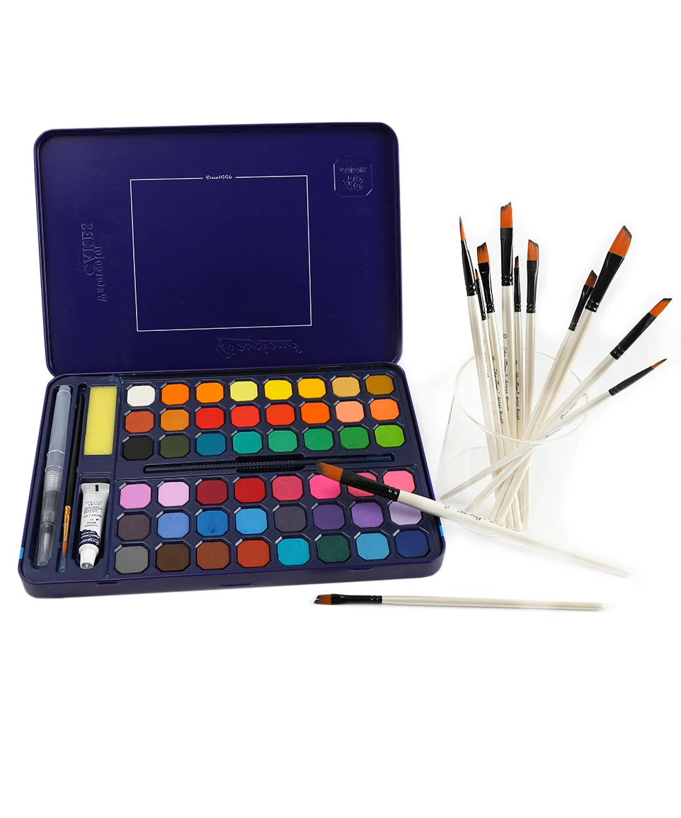 48 Colors Deluxe Watercolor Paint With 12 Pcs Angular Flat Paint Brush Set-Himinee.com