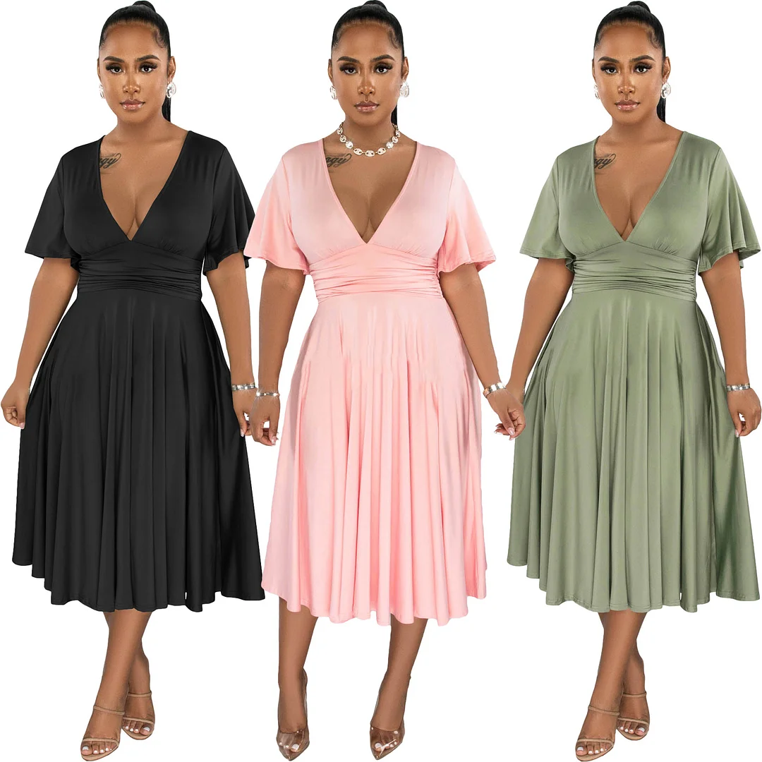 Fashion Solid Color V-neck Short-sleeved Waist Pleated Dress | IFYHOME