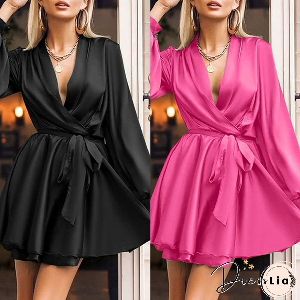 Autumn Women Lantern Long Sleeve Mini Dress Neck Party Casual Swing Wrap Line Plus Size