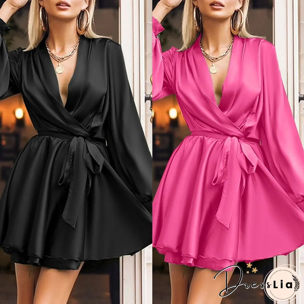 Autumn Women Lantern Long Sleeve Mini Dress V Neck Party Casual Swing Wrap A Line Dress Plus Size