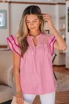 Women's Elegant Rose Stripe Shirred Yoke Ruffled Short Sleeve Blouse Top