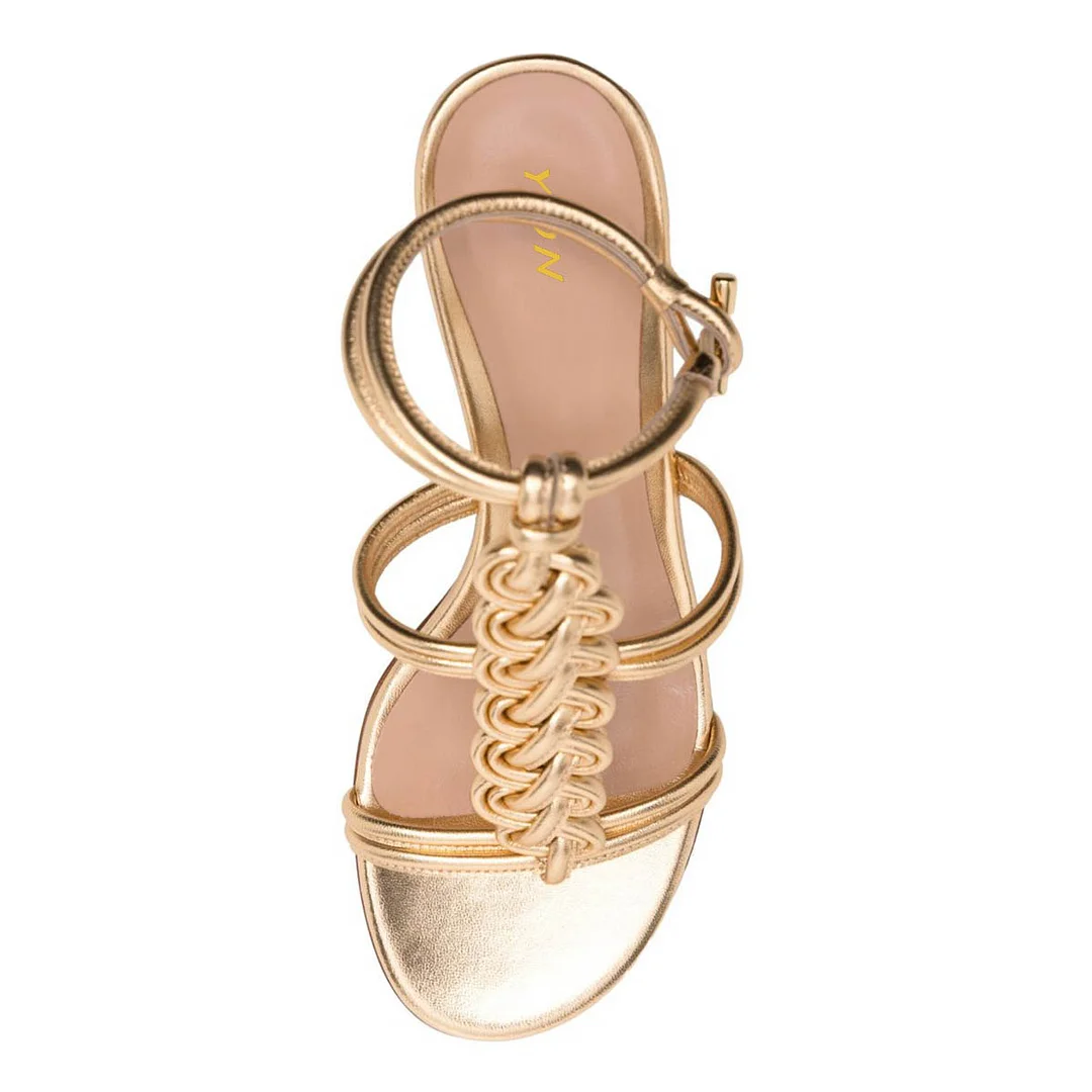 Gold Metallic Finish Open Toe Braided T-Strap Block Heel Sandals