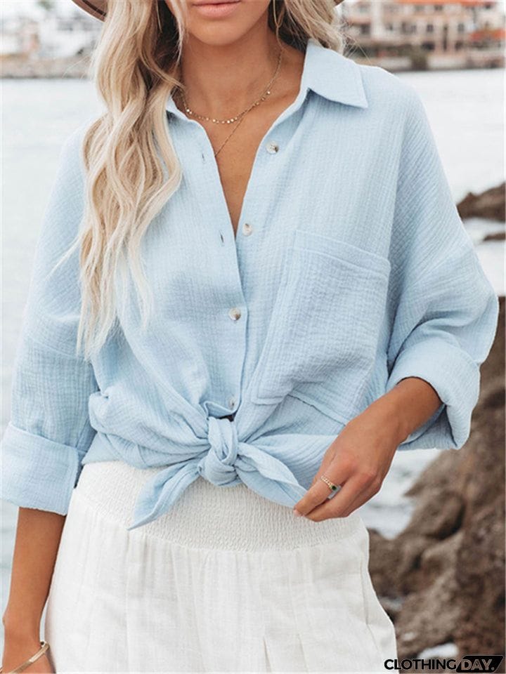 Women Lapel Buttons Long Sleeve Blouses With Pocket