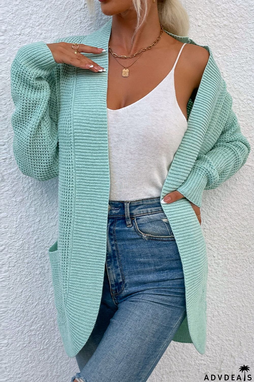 Open Front Rib-Knit Cardigan with Pockets